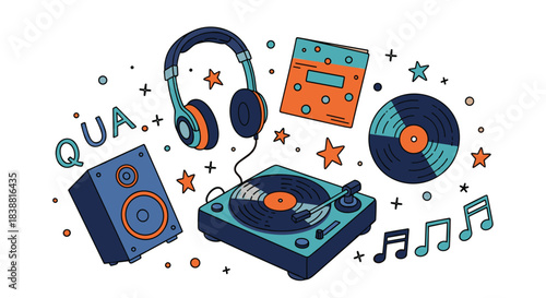 Retro music equipment illustration featuring a record player, headphones, speaker, cassette, and vinyl record with musical notes for entertainment.