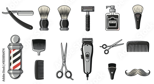 Detailed set of classic barber and hairdressing tools including razors, brushes, clippers, scissors, combs, and shaving cream bottle.