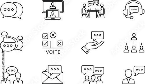 Comprehensive communication, support, online meeting, voting, feedback, and organizational structure line icons set vector illustration
