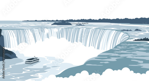 Majestic view of Niagara Falls with a sightseeing boat near the Horseshoe Falls in a monochrome pixel art style.