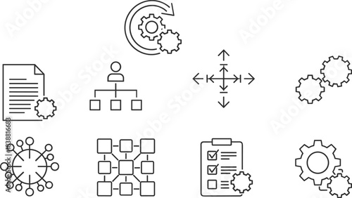 Business Process Management, System Integration, Workflow Automation, Data Optimization, Management Organization, Technology Development, and Digital Transformation Conceptual Line Icon Set