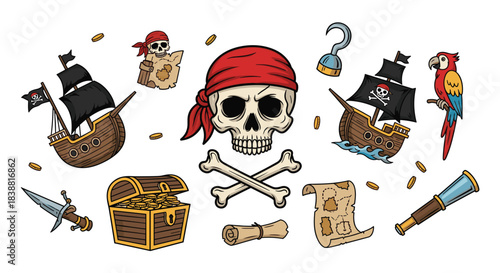 Comprehensive set of pirate adventure elements, featuring a skull with a bandana, treasure chest, pirate ships, maps, sword, and a parrot.
