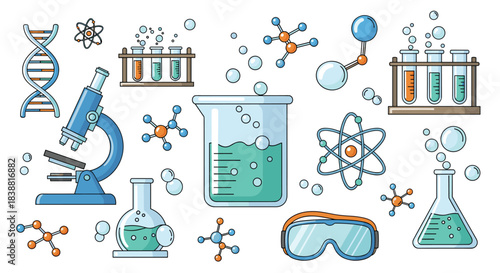 Detailed collection of chemistry laboratory equipment and scientific elements, including microscopes, beakers, test tubes, molecules, and DNA.