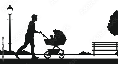 Silhouette of a father pushing a baby stroller in a park, with a lamppost and bench, depicting a peaceful family outing.