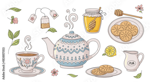Cozy tea time collection with a teapot, teacup, honey jar, milk jug, tea bags, lemon, and biscuits for a relaxing break.