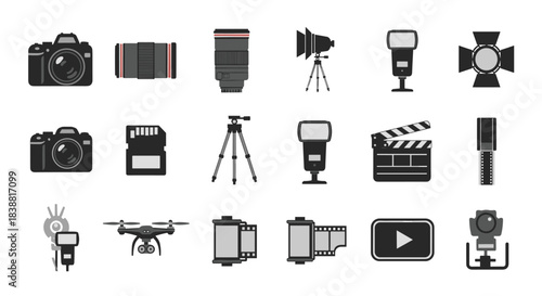 Comprehensive set of professional photography and videography equipment icons, including cameras, lenses, flashes, tripods, drones, and film.