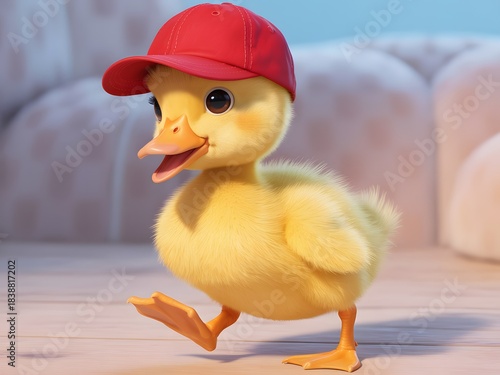 Adorable cartoon duckling wearing a red baseball cap walking happily