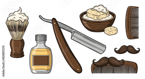 Vintage barber and shaving essentials including a straight razor, shaving brush, shaving soap, aftershave bottle, comb, and mustaches.