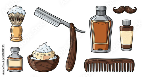 Classic barber and shaving essentials including a straight razor, shaving brush, shaving soap, aftershave bottles, comb, and mustache.