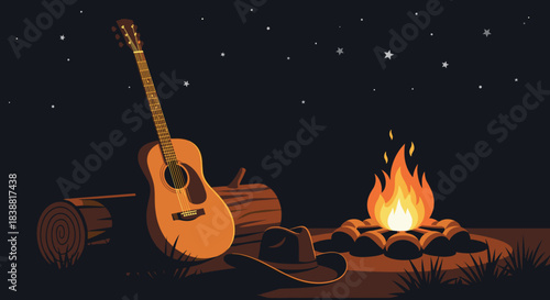 Peaceful pixel art scene of a campfire under a starry night sky with an acoustic guitar and cowboy hat, evoking a sense of calm.