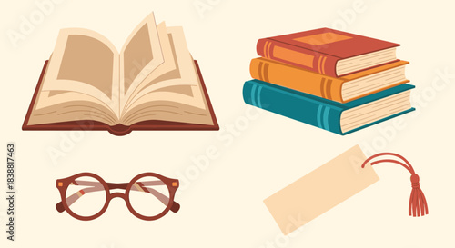 Essential reading and study elements, including open books, a stack of books, eyeglasses, and a bookmark with a tassel, on a light background.