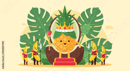 Whimsical illustration of a pineapple king wearing a crown and cape, sitting on a coconut throne, guarded by banana soldiers in a jungle.