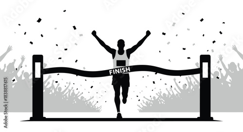 Silhouette of a triumphant runner crossing the finish line with arms raised in victory and confetti falling, celebrating success.