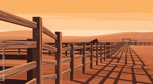 Pixel art scene of a vast Western horse corral or ranch, with wooden fences stretching into the distance under an orange sky at sunset.