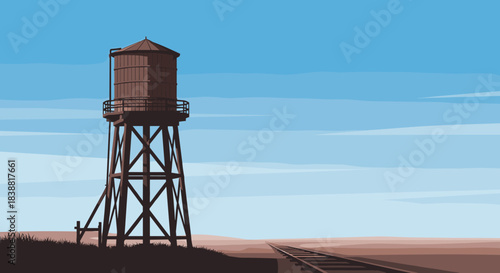 Pixel art scene of a vintage water tower standing tall beside railroad tracks, stretching into the vast desert landscape under a clear blue sky.