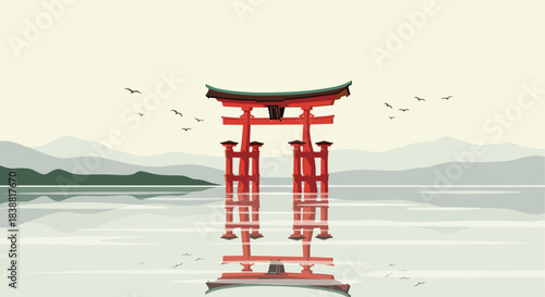 Picturesque pixel art scene of the iconic Torii gate reflected in calm water, with mountains and birds in the serene Japanese landscape.
