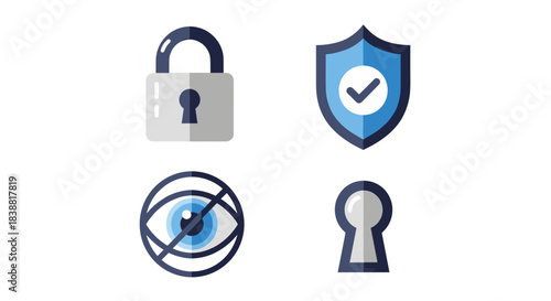 Icon set for security and privacy, featuring a padlock, shield with checkmark, eye with strike-through, and keyhole, symbolizing protection.