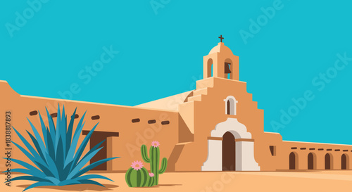 Picturesque pixel art scene of an old adobe mission church with a bell tower, surrounded by desert plants under a clear blue sky.