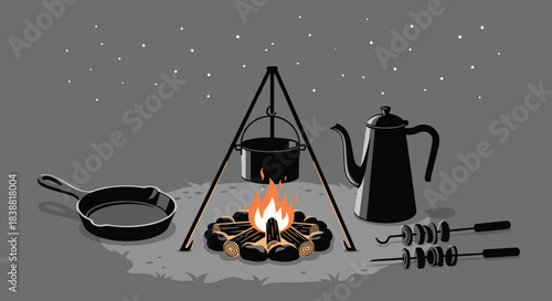 Cozy pixel art campfire cooking scene at night, with a pot over fire, frying pan, kettle, and skewers under a starry sky.
