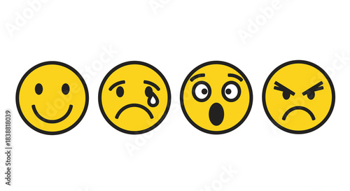 Four clear emoji icons representing happy, sad, surprised, and angry emotions, for user feedback or communication.