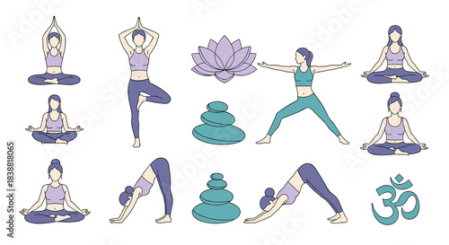 Comprehensive set of women in various yoga poses, along with lotus flower and stacked stones, symbolizing peace, balance, and mindfulness.