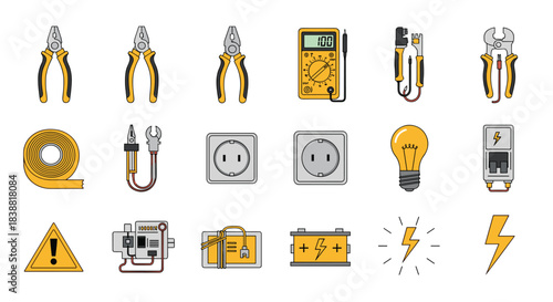 Comprehensive icon set for electrical work and safety, including pliers, multimeter, outlets, light bulb, circuit breaker, batteries, and lightning bolts.