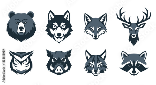 Collection of fierce pixel art wild animal head logos and mascots, featuring a bear, wolf, fox, deer, owl, boar, lynx, and raccoon.