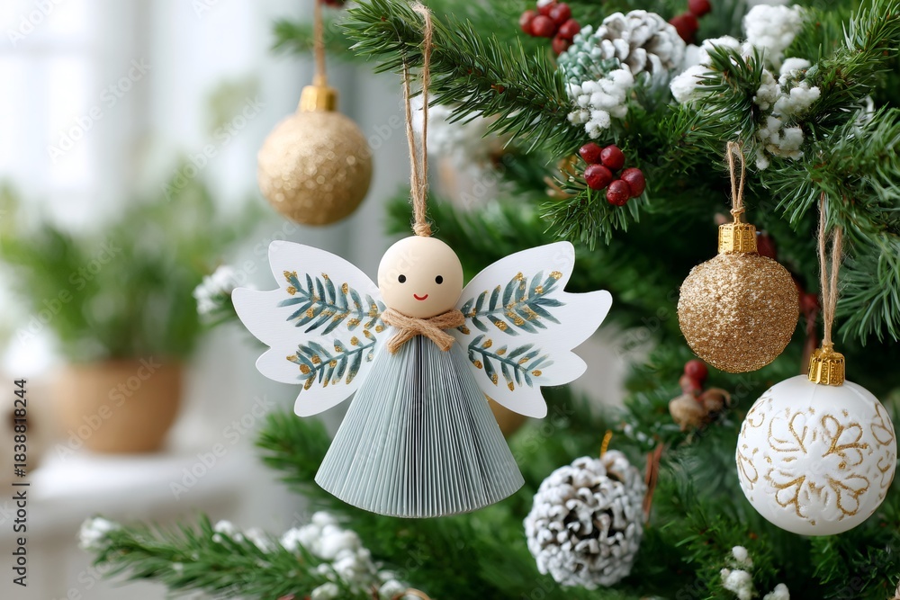 Fototapeta premium Handmade angel ornament hanging on Christmas tree branch