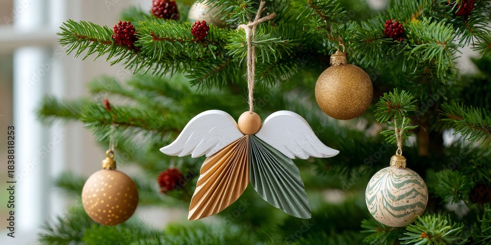 Fototapeta premium Wooden angel ornament hanging on Christmas tree branch