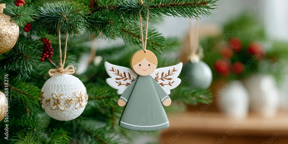 Fototapeta premium Wooden angel ornament hanging on Christmas tree branch