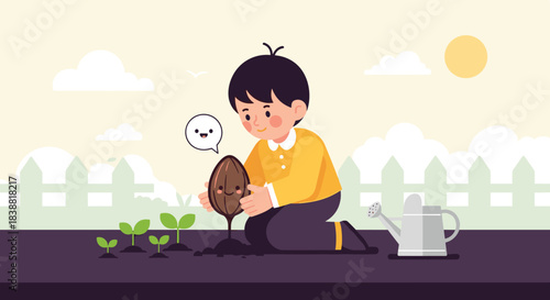 Adorable cartoon illustration of a boy planting a seedling in a garden, surrounded by growing plants and a watering can, symbolizing growth and nature.