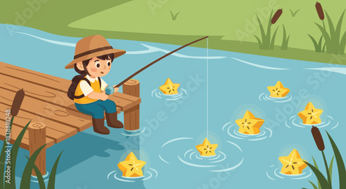 Charming cartoon illustration of a boy fishing for star fruit from a wooden pier in a whimsical pond with reeds.