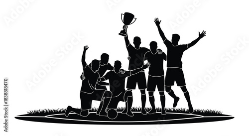Silhouette of a victorious soccer team celebrating with a championship trophy on a grassy field, cheering their triumph.