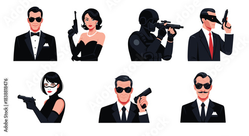 Collection of stylish pixel art secret agent and spy character avatars, featuring armed figures in tactical gear and elegant attire.