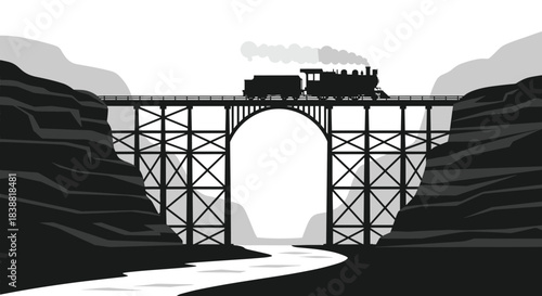 Silhouette of a classic steam train traversing a towering wooden and steel trestle bridge spanning a river in a deep canyon.
