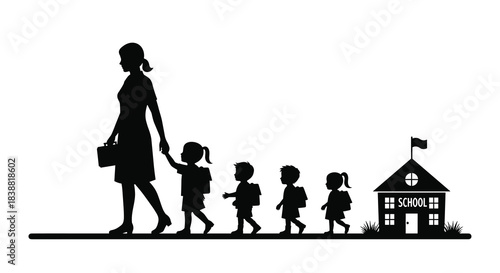 Silhouette of a teacher holding a child's hand, leading a group of young students in a line towards a school building.