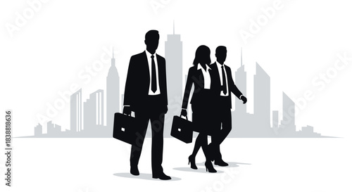 Silhouette of three determined business people, two men and one woman, carrying briefcases and walking confidently in front of a city skyline.