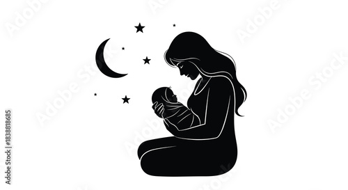Silhouette of a loving mother gently cradling her newborn baby under a serene crescent moon and twinkling stars at night.