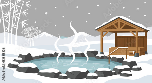 Pixel art Japanese outdoor hot spring (Onsen) in a serene snowy landscape with bamboo, distant mountains, and falling snowflakes.