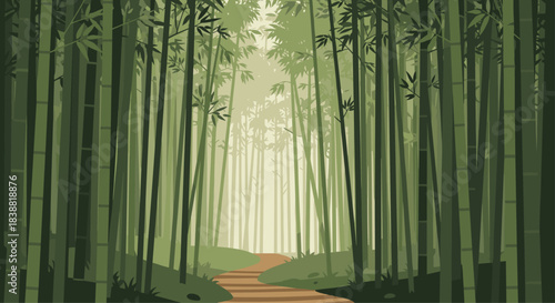 Enchanting pixel art illustration of a dense bamboo forest with a winding path leading into the misty, light-filtered canopy.