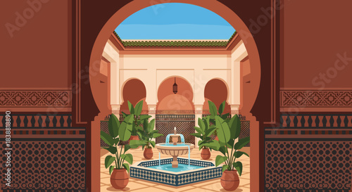 Detailed pixel art depiction of a traditional Moroccan Riad courtyard featuring a central fountain, lush potted plants, and ornate archways.