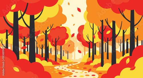 Picturesque pixel art illustration of a vibrant autumn forest with colorful red and orange trees, falling leaves, and a winding path.
