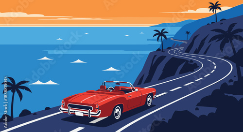 Retro pixel art scene of a red convertible car cruising along a scenic coastal road lined with palm trees, overlooking the ocean at sunset.