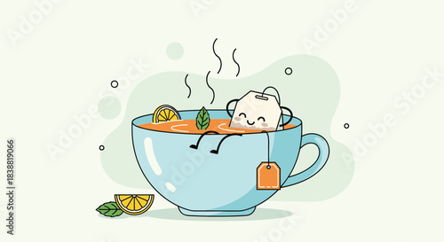 Adorable cartoon teabag character relaxing happily in a steaming teacup, accompanied by refreshing lemon slices and mint leaves.