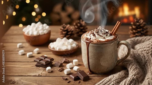 A tempting mug of steaming hot chocolate, generously topped with whipped cream, chocolate shavings, and aromatic cinnamon sticks, takes center stage on a rustic wooden table. Melted chocolate artfully