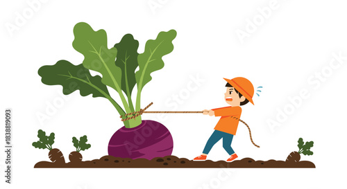 Determined cartoon boy vigorously pulling an enormous turnip out of the ground with a rope, surrounded by smaller vegetables.