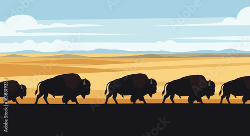 Detailed pixel art illustration of a majestic herd of bison walking across a vast, flat American prairie under a clear blue sky.