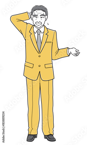 後ろ頭に手をあててしどろもどろ状態のスーツの中年男性（シンプル）