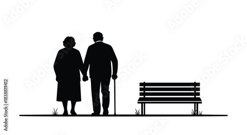 Touching silhouette of an elderly couple holding hands, walking together past a park bench, symbolizing companionship in old age.