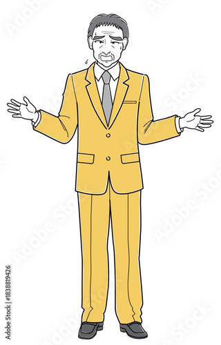 両手を広げながら困った様子で話をするスーツの中年男性（シンプル）